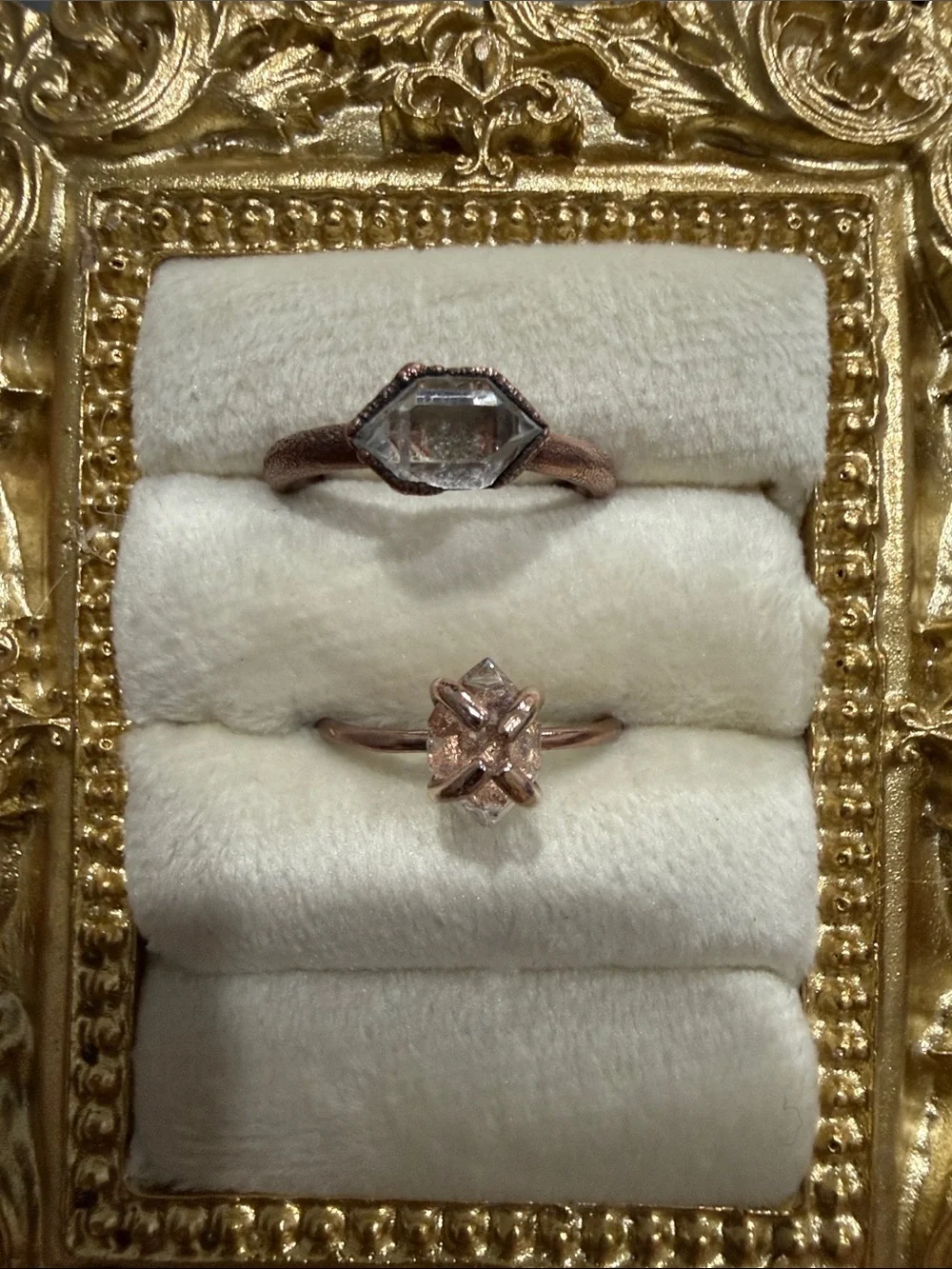 Copper Hexagon & Floral Herkimer diamonds Stackable Ring Set - Women Jewelry